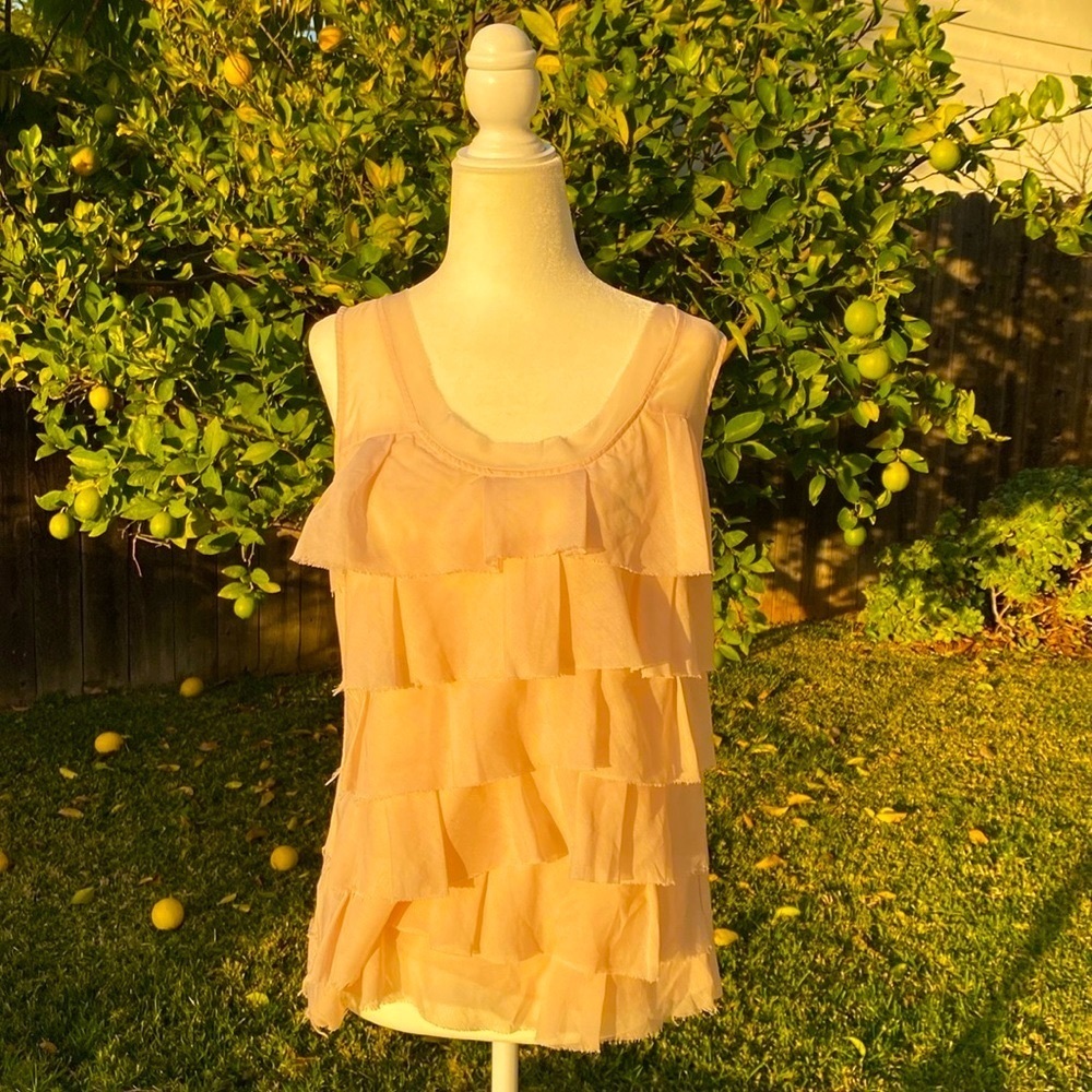 LOFT ANN TAYLOR LOFT BLUSH PINK SLEEVELESS TIERED SHEER RUFFLE TOP Sz SM…